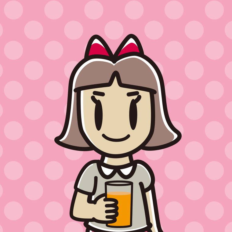 オレンジ（野菜）ジュースを飲む小学生女子のイラスト【色、背景あり】PNG