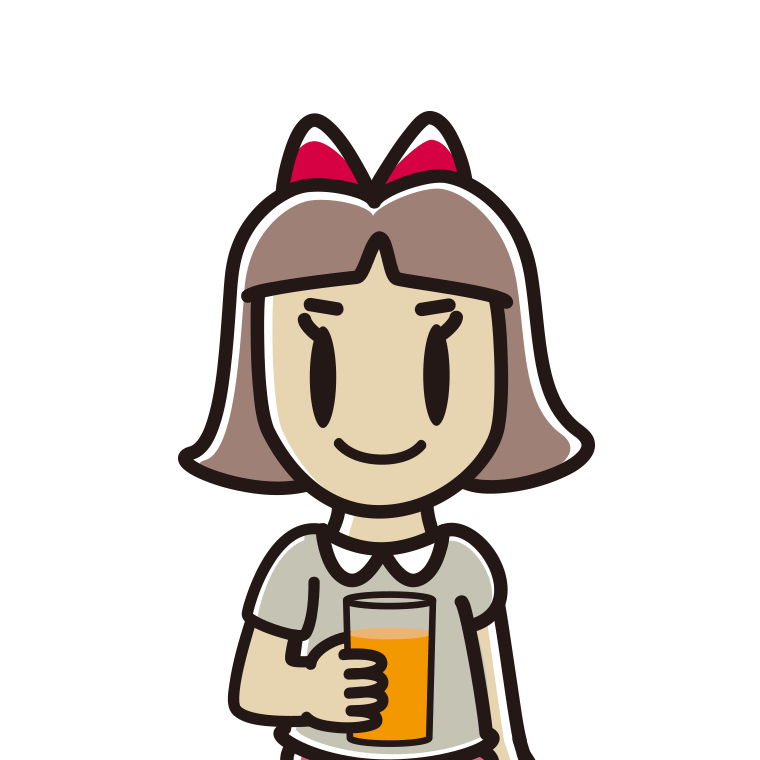 オレンジ（野菜）ジュースを飲む小学生女子のイラスト【色あり、背景なし】透過PNG