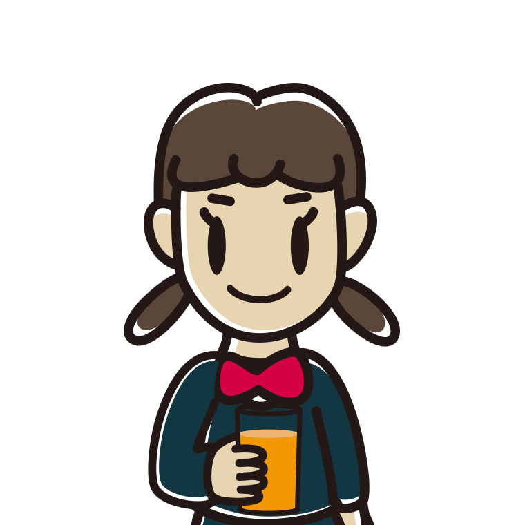 オレンジ（野菜）ジュースを飲む女子中学生のイラスト【色あり、背景なし】透過PNG