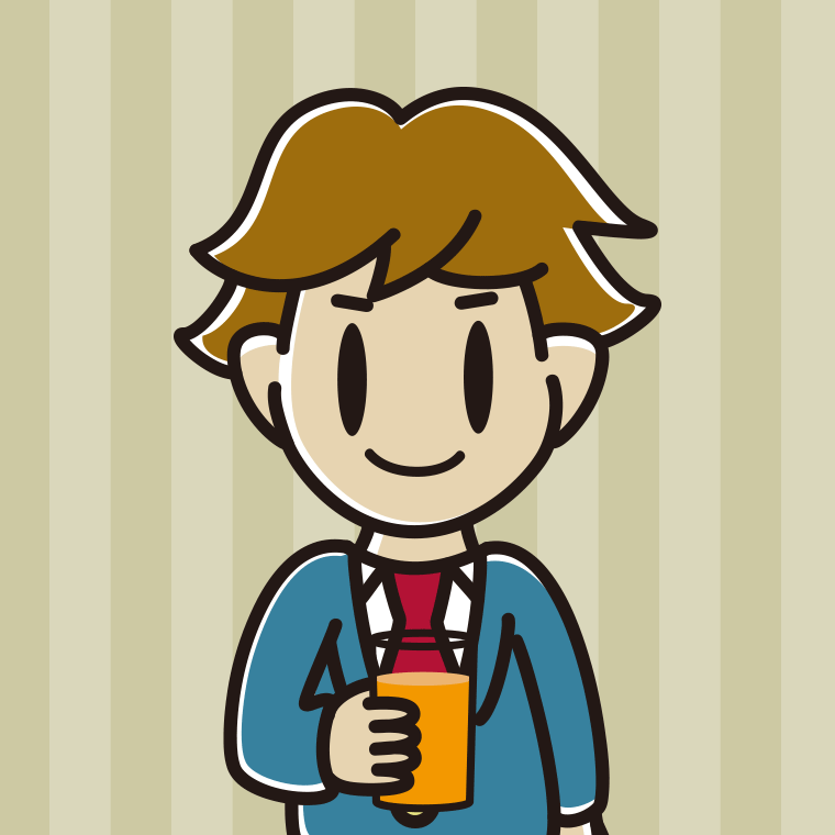 オレンジ（野菜）ジュースを飲む男子高校生のイラスト【色、背景あり】PNG