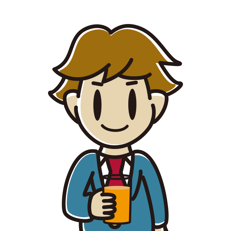 オレンジ（野菜）ジュースを飲む男子高校生のイラスト【色あり、背景なし】透過PNG