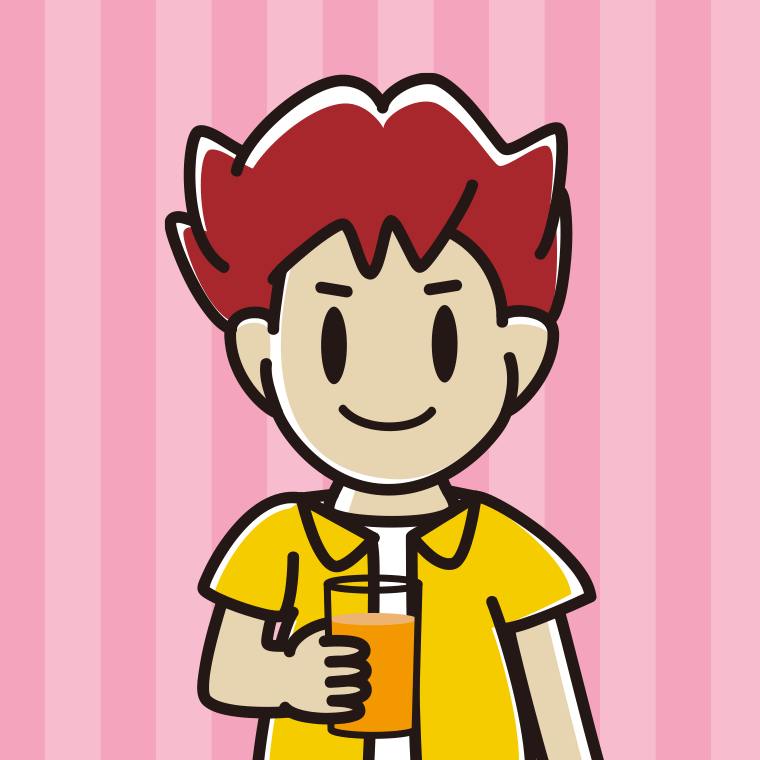 オレンジ（野菜）ジュースを飲む男子大学生のイラスト【色、背景あり】PNG