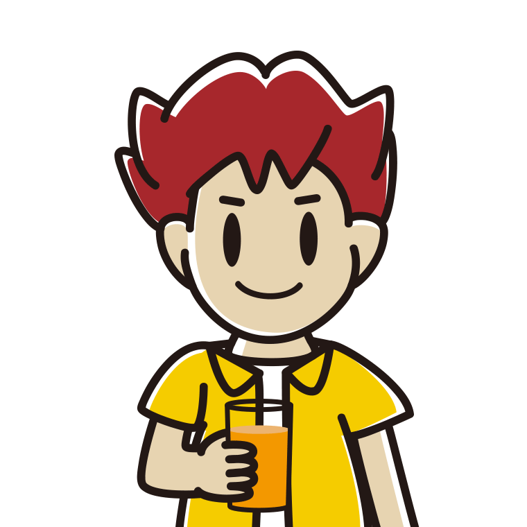 オレンジ（野菜）ジュースを飲む男子大学生のイラスト【色あり、背景なし】透過PNG
