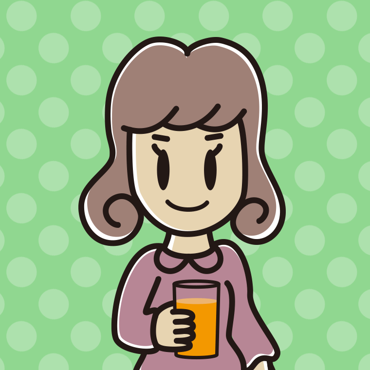 オレンジ（野菜）ジュースを飲む女子大学生のイラスト【色、背景あり】PNG