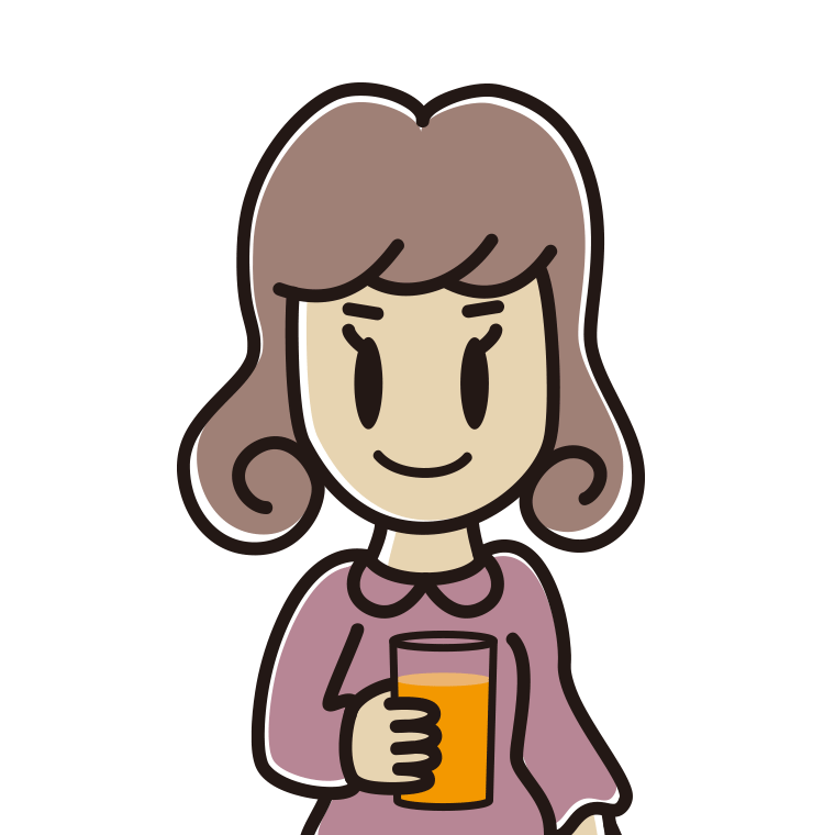 オレンジ（野菜）ジュースを飲む女子大学生のイラスト【色あり、背景なし】透過PNG