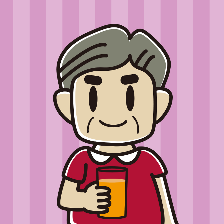 オレンジ（野菜）ジュースを飲むおじさんのイラスト【色、背景あり】PNG