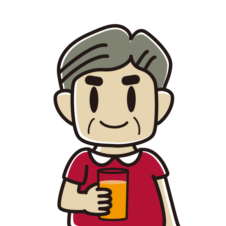 オレンジ（野菜）ジュースを飲むおじさんのイラスト【色あり、背景なし】透過PNG