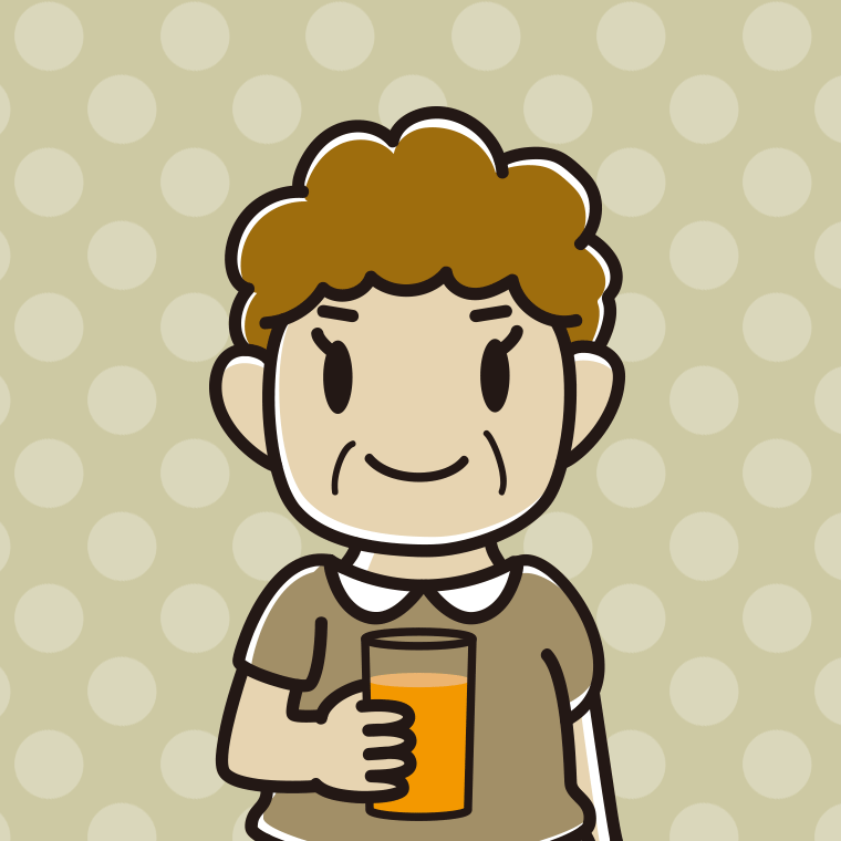 オレンジ（野菜）ジュースを飲むおばさんのイラスト【色、背景あり】PNG