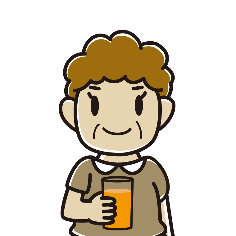オレンジ（野菜）ジュースを飲むおばさんのイラスト【色あり、背景なし】透過PNG