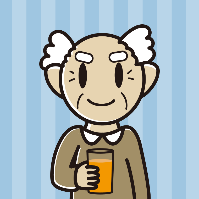 オレンジ（野菜）ジュースを飲むおじいさんのイラスト【色、背景あり】PNG