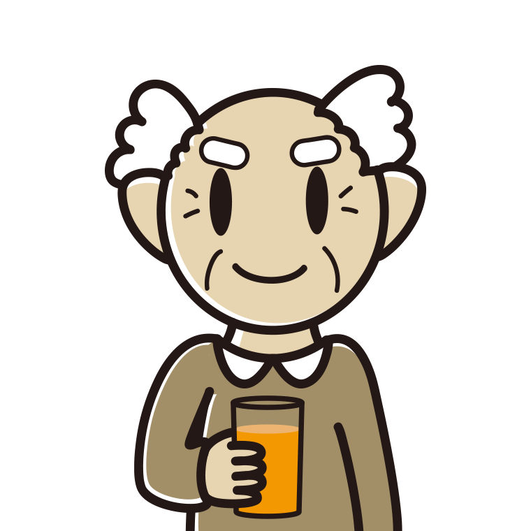 オレンジ（野菜）ジュースを飲むおじいさんのイラスト【色あり、背景なし】透過PNG