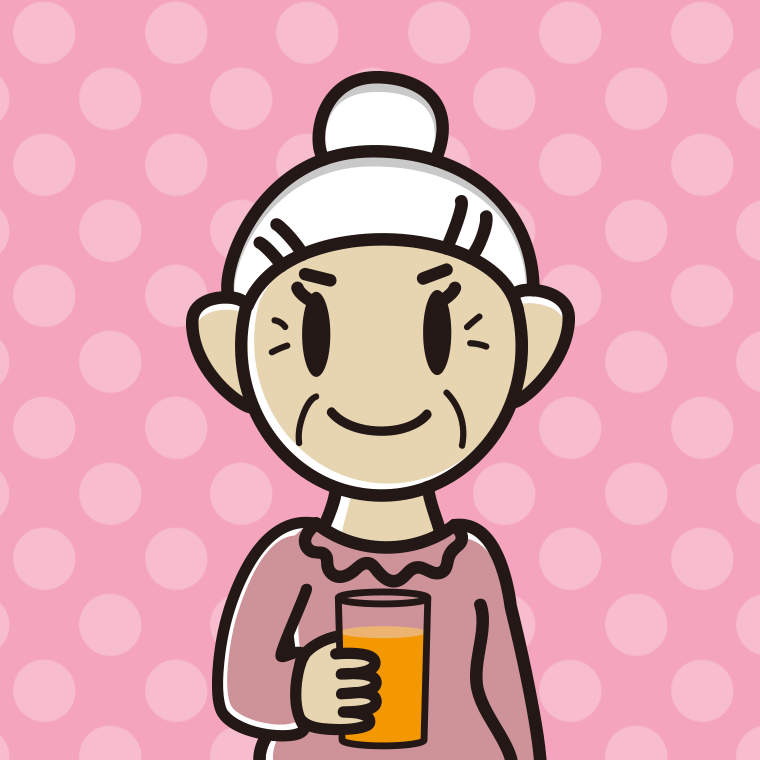 オレンジ（野菜）ジュースを飲むおばあさんのイラスト【色、背景あり】PNG