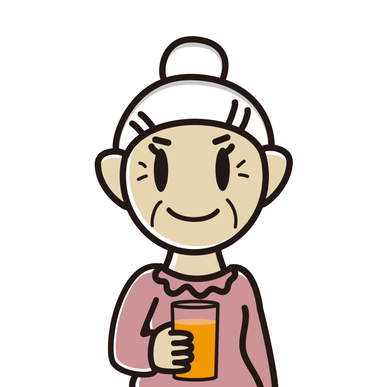 オレンジ（野菜）ジュースを飲むおばあさんのイラスト【色あり、背景なし】透過PNG