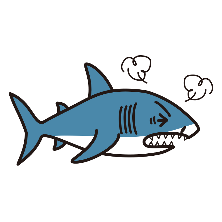 カンカンに怒るサメちゃんのイラスト【色あり、背景なし】透過PNG