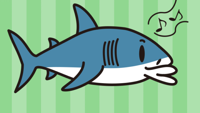 口笛を吹くサメちゃんのイラスト【色、背景あり】PNG