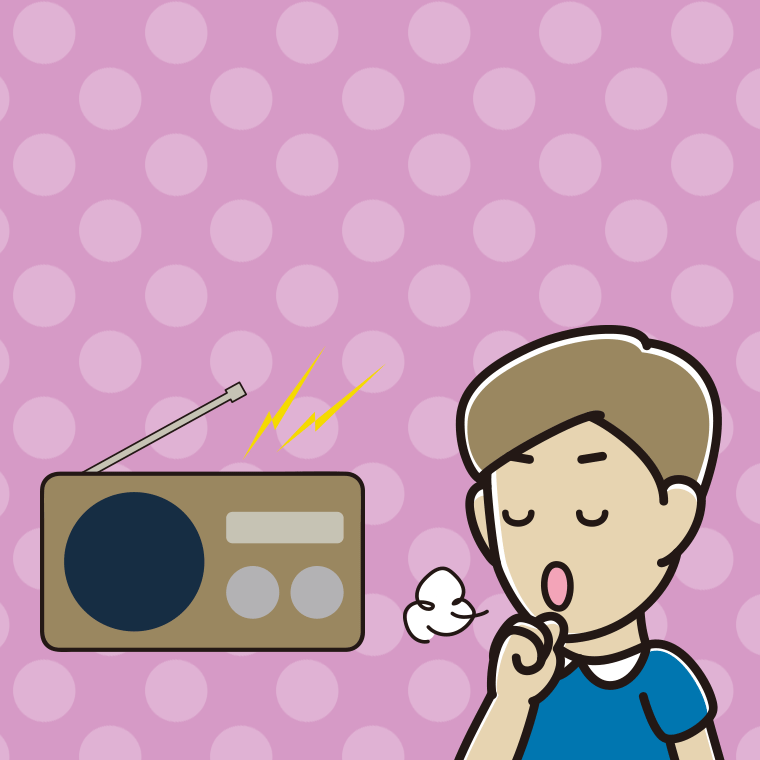 ラジオを聴きながら咳払いする男性のイラスト【色、背景あり】PNG