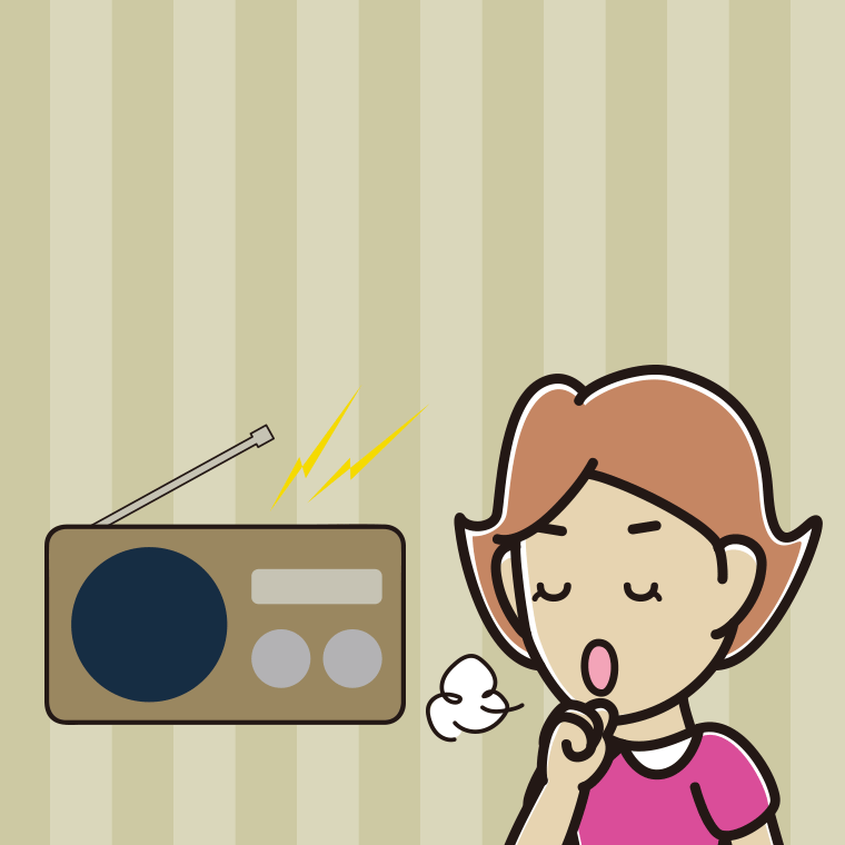 ラジオを聴きながら咳払いする女性のイラスト【色、背景あり】PNG