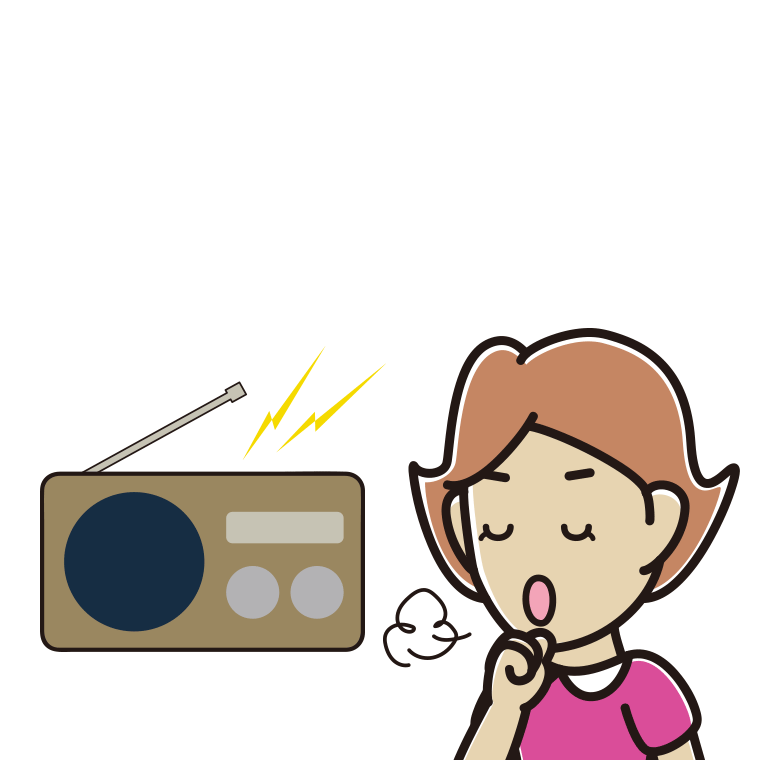 ラジオを聴きながら咳払いする女性のイラスト【色あり、背景なし】透過PNG