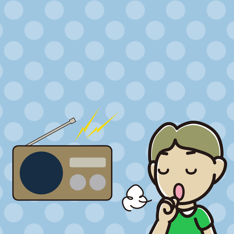 ラジオを聴きながら咳払いする小学生男子のイラスト【色、背景あり】PNG