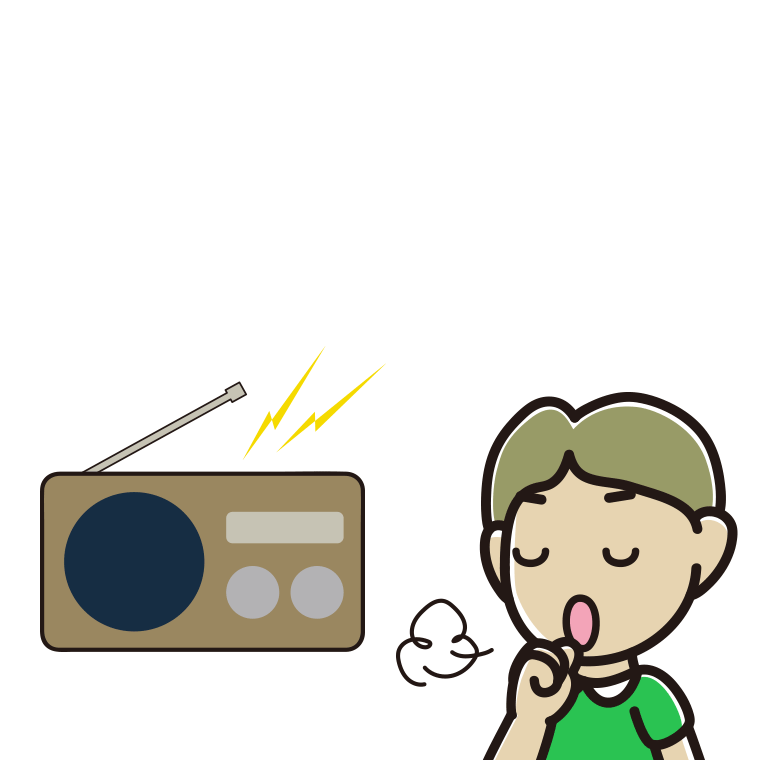 ラジオを聴きながら咳払いする小学生男子のイラスト【色あり、背景なし】透過PNG