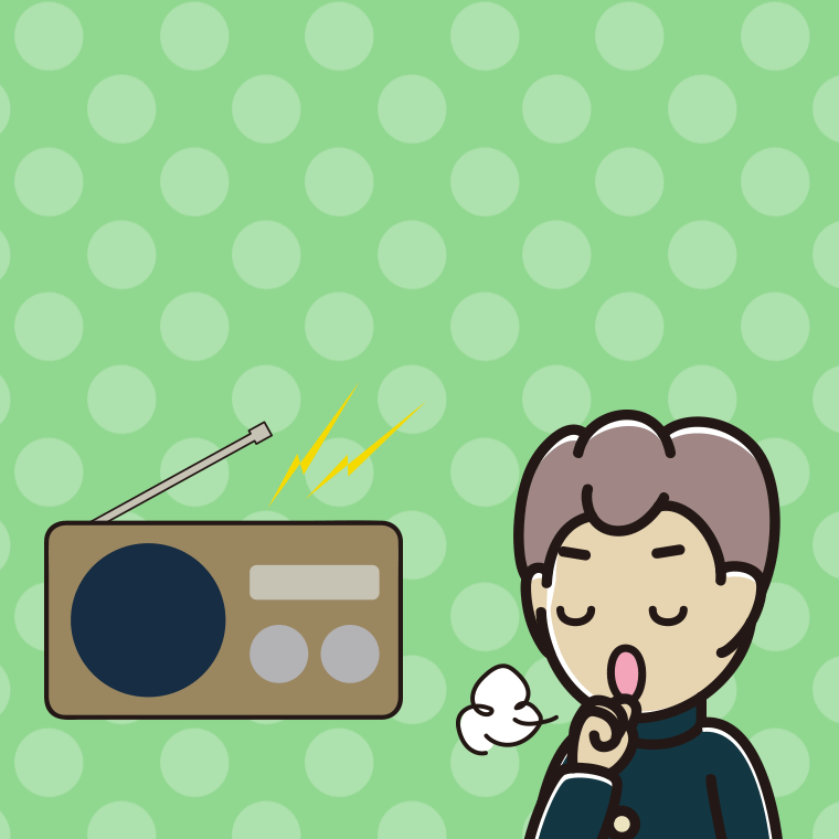 ラジオを聴きながら咳払いする男子中学生のイラスト【色、背景あり】PNG