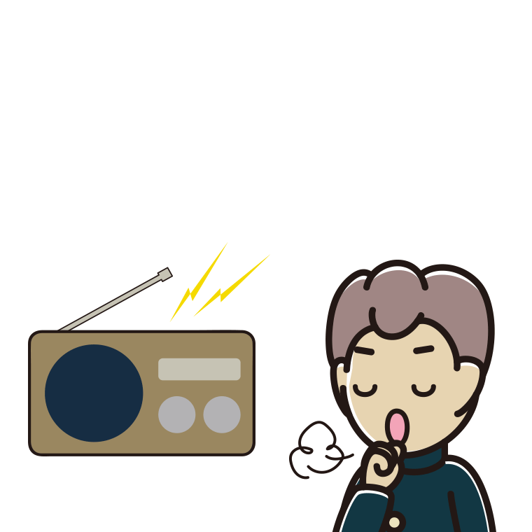ラジオを聴きながら咳払いする男子中学生のイラスト【色あり、背景なし】透過PNG