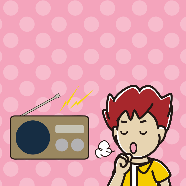 ラジオを聴きながら咳払いする男子大学生のイラスト【色、背景あり】PNG