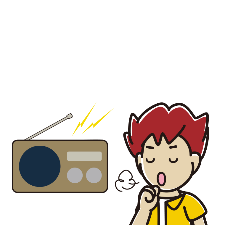 ラジオを聴きながら咳払いする男子大学生のイラスト【色あり、背景なし】透過PNG