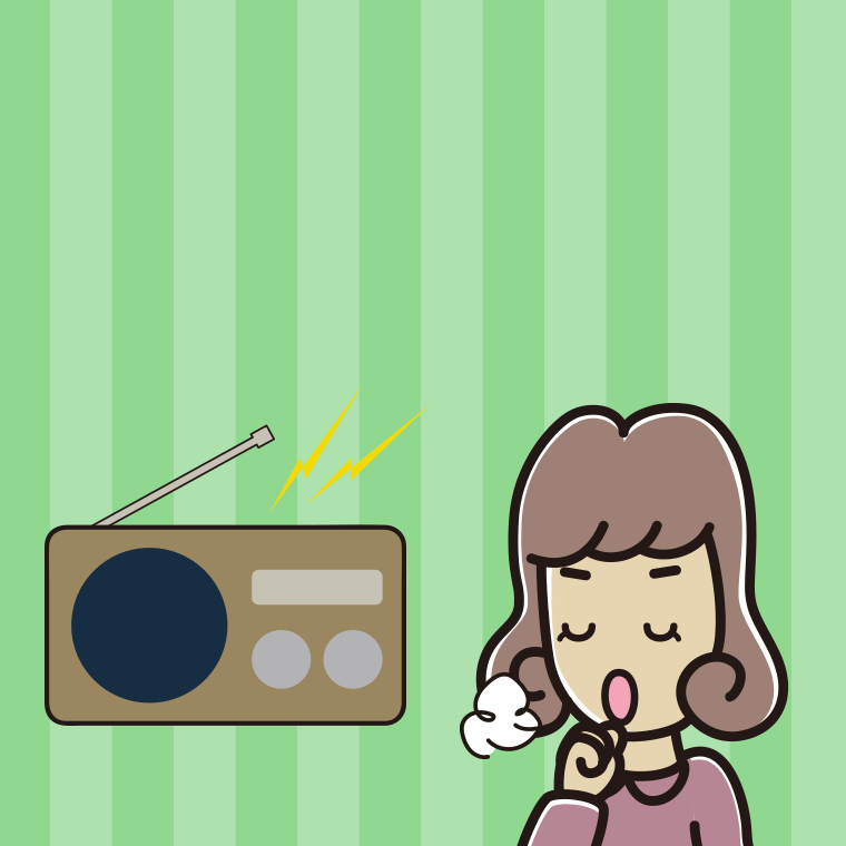 ラジオを聴きながら咳払いする女子大学生のイラスト【色、背景あり】PNG