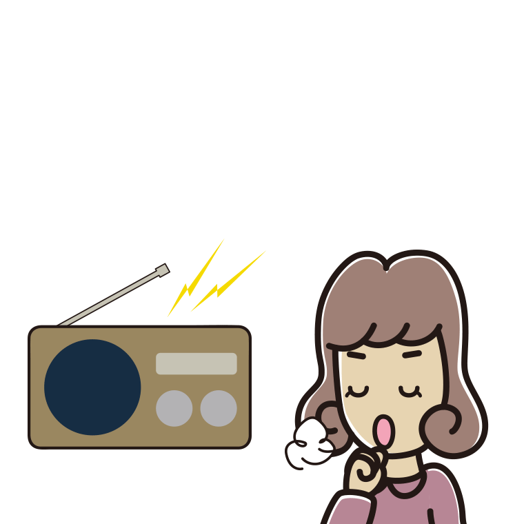 ラジオを聴きながら咳払いする女子大学生のイラスト【色あり、背景なし】透過PNG