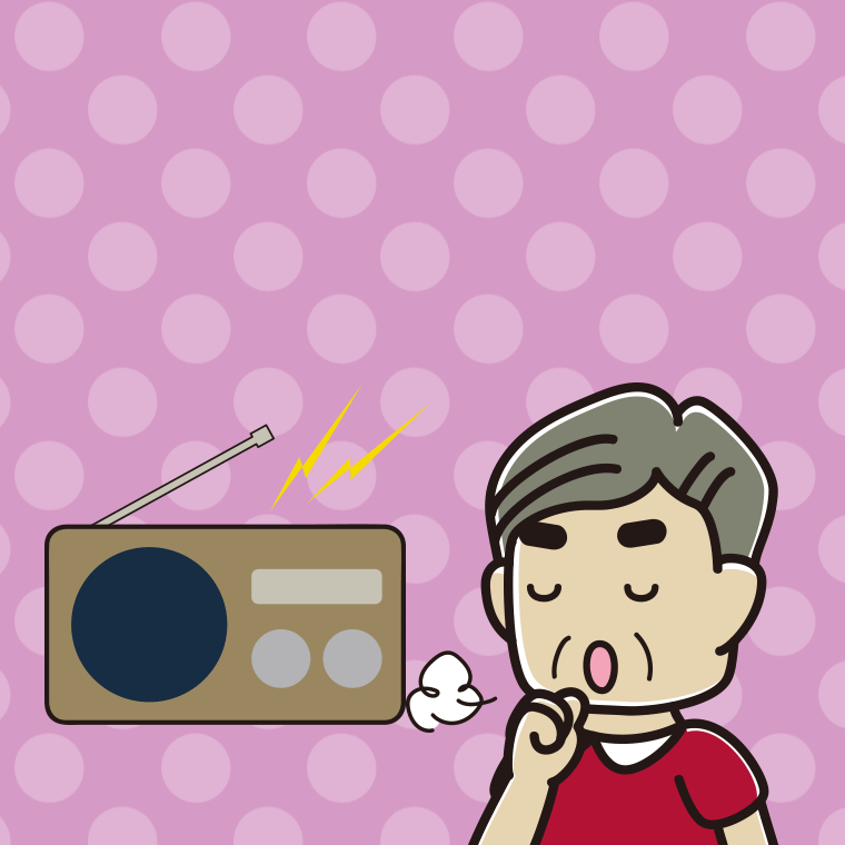 ラジオを聴きながら咳払いするおじさんのイラスト【色、背景あり】PNG