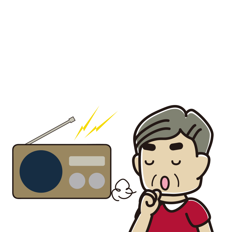 ラジオを聴きながら咳払いするおじさんのイラスト【色あり、背景なし】透過PNG