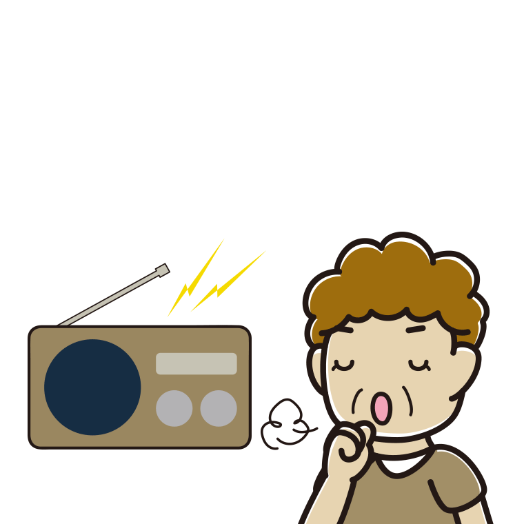 ラジオを聴きながら咳払いするおばさんのイラスト【色あり、背景なし】透過PNG