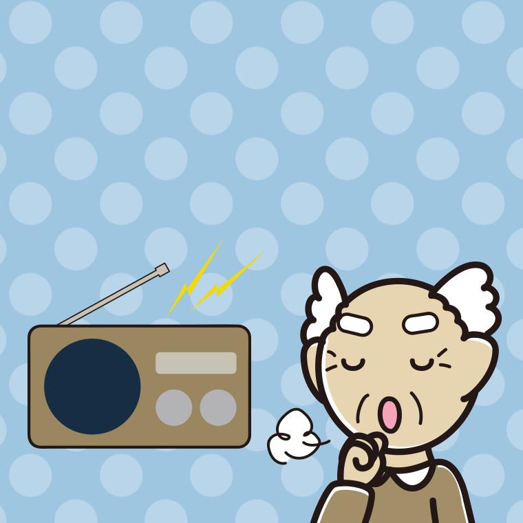ラジオを聴きながら咳払いするおじいさんのイラスト【色、背景あり】PNG
