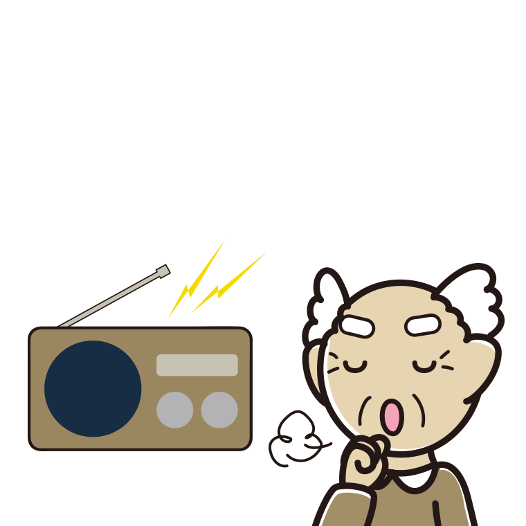 ラジオを聴きながら咳払いするおじいさんのイラスト【色あり、背景なし】透過PNG