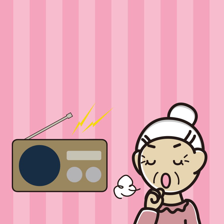 ラジオを聴きながら咳払いするおばあさんのイラスト【色、背景あり】PNG
