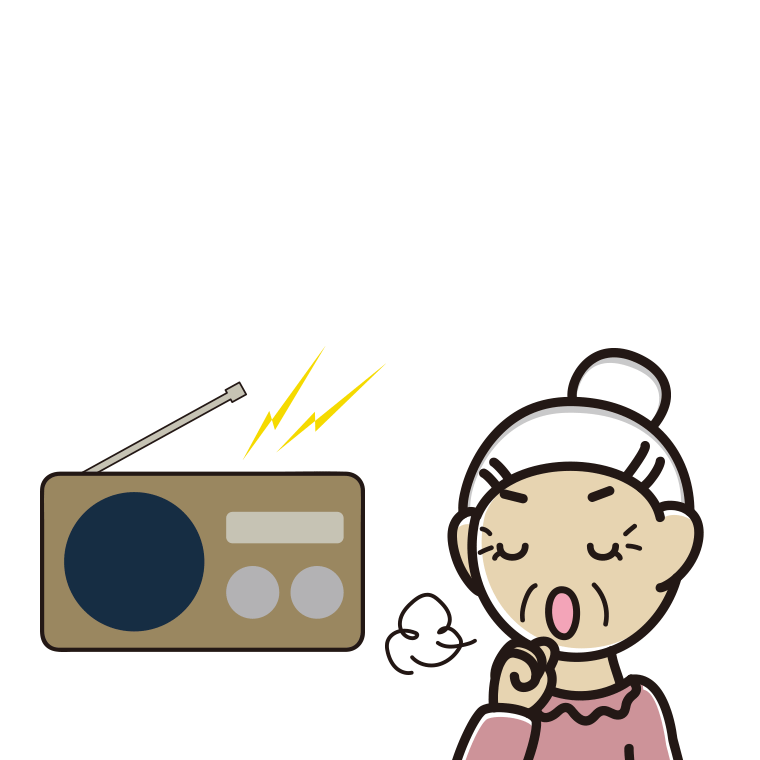ラジオを聴きながら咳払いするおばあさんのイラスト【色あり、背景なし】透過PNG