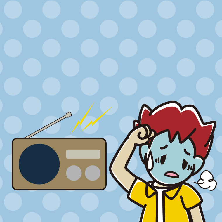 ラジオを聴いて具合が悪い男子大学生のイラスト【色、背景あり】PNG