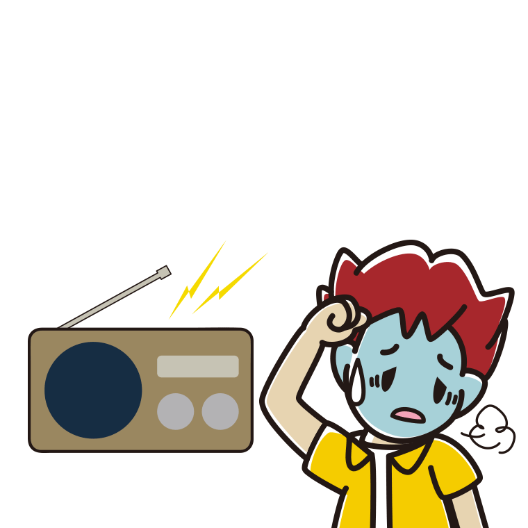 ラジオを聴いて具合が悪い男子大学生のイラスト【色あり、背景なし】透過PNG