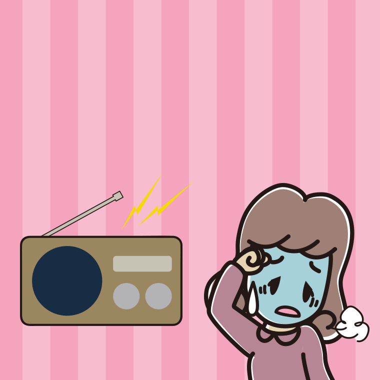 ラジオを聴いて具合が悪い女子大学生のイラスト【色、背景あり】PNG