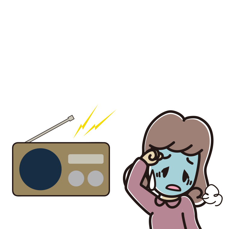 ラジオを聴いて具合が悪い女子大学生のイラスト【色あり、背景なし】透過PNG
