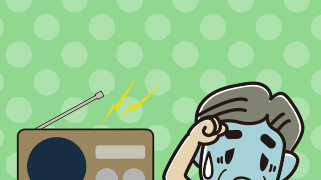 ラジオを聴いて具合が悪いおじさんのイラスト【色、背景あり】PNG