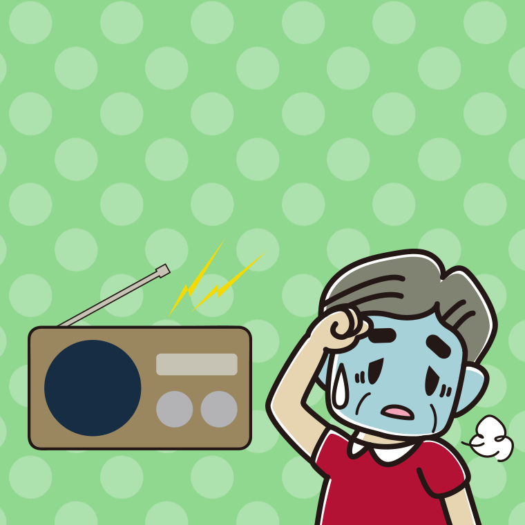 ラジオを聴いて具合が悪いおじさんのイラスト【色、背景あり】PNG