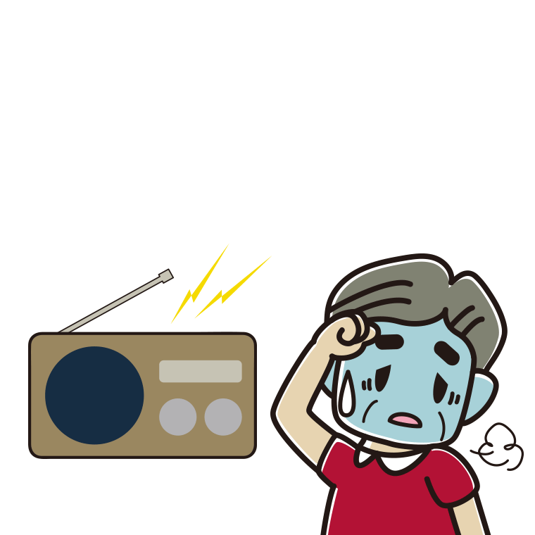 ラジオを聴いて具合が悪いおじさんのイラスト【色あり、背景なし】透過PNG