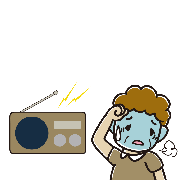 ラジオを聴いて具合が悪いおばさんのイラスト【色あり、背景なし】透過PNG