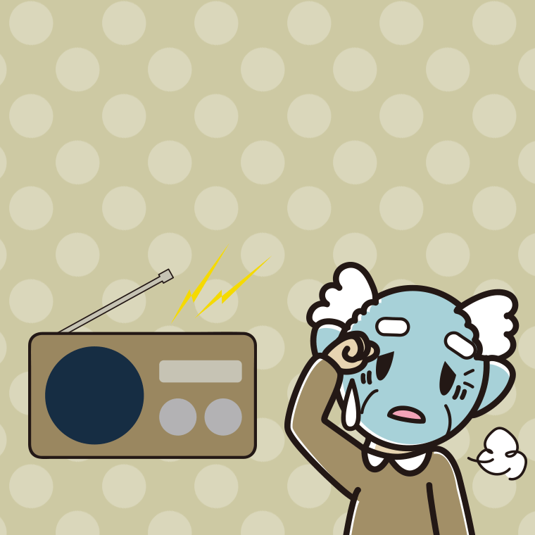 ラジオを聴いて具合が悪いおじいさんのイラスト【色、背景あり】PNG