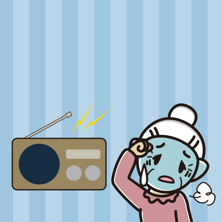 ラジオを聴いて具合が悪いおばあさんのイラスト【色、背景あり】PNG