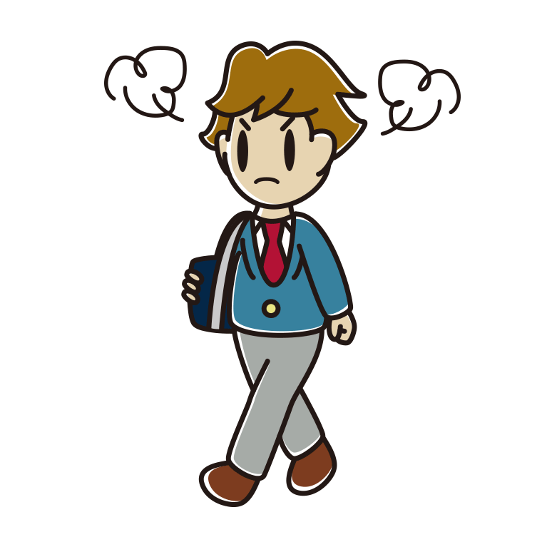 怒りながら通学する男子高校生のイラスト【色あり、背景なし】透過PNG
