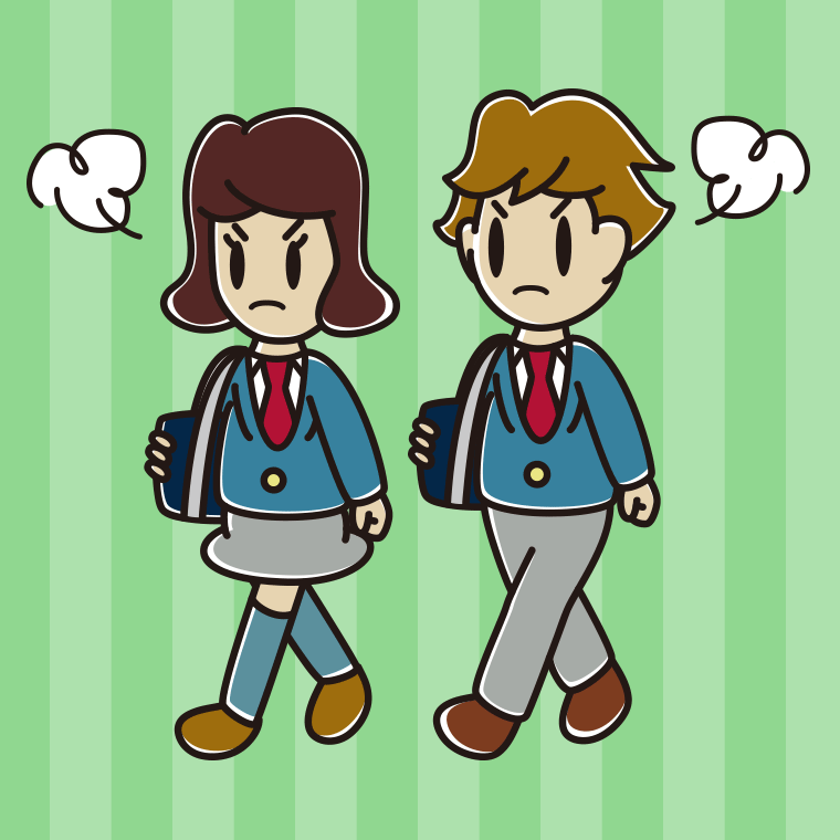 怒りながら通学する高校生のイラスト【色、背景あり】PNG