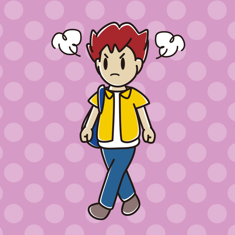 怒りながら通学する男子大学生のイラスト【色、背景あり】PNG